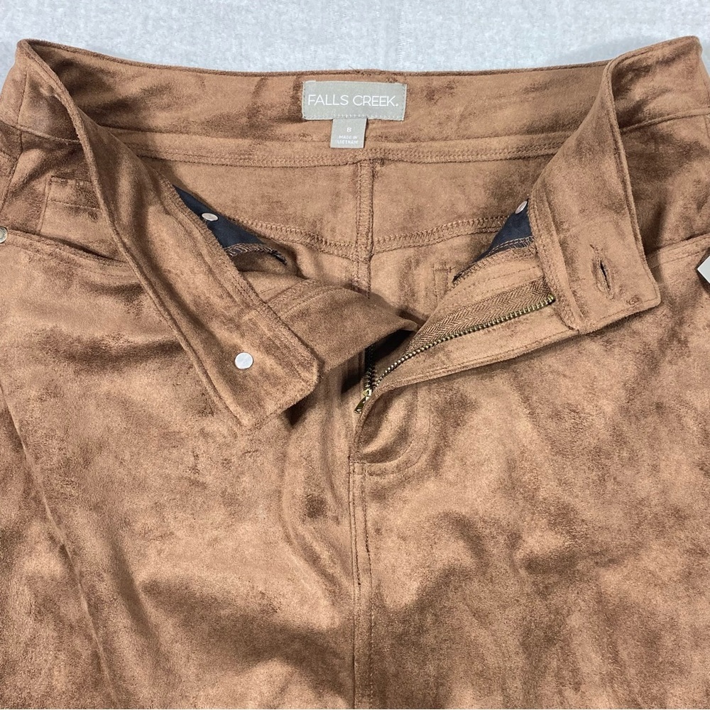 Falls Creek Faux Suede Midi Skirt Women's 8 Brown Front Slit Pockets Elegant NWT - Picture 6 of 14
